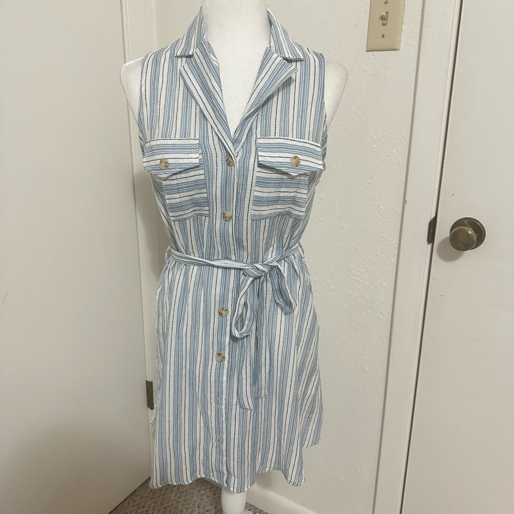 Mine Blue & White Stripe Sleeveless Shirt Dress | Self-Tie Waist | Lightweight